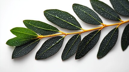 Close-up of dark green leaves with water droplets on a bright white background, highlighting natural freshness and detail