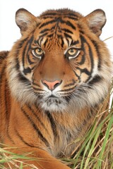 Fototapeta premium Sumatran Tiger Portrait Close up of an Orange and Black Striped Tiger in Green Grass Against a White Background