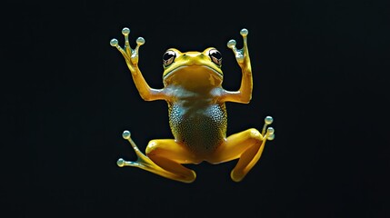 Yellow frog on black background, studio shot.