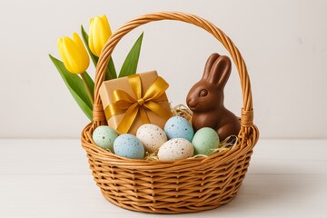 Wicker basket filled with pastel Easter eggs, a chocolate bunny, fresh yellow tulips, and a gold-wrapped gift, arranged for a cheerful springtime celebration 