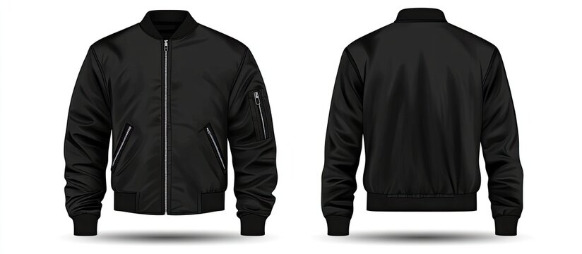 Black bomber jacket mockup, front and back view, isolated on white background.