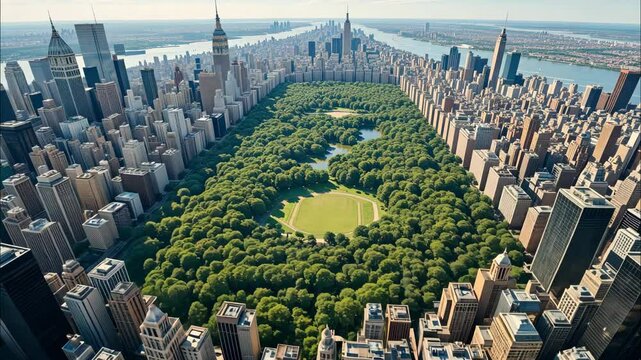 Aerial View of Central Park Manhattan Skyline Breathtaking Urban Oasis Green Space Cityscape