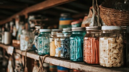 Close-up view of colorful jars on rustic shelves.