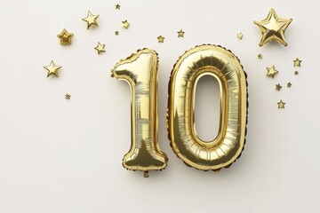 Golden balloon number ten celebration with floating stars on white background