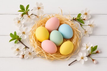 Spring composition featuring Easter eggs in soft pastel colors nestled in straw and decorated with cherry blossoms on a white wood background 