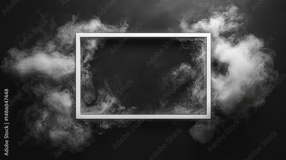 Aufkleber white rectangular frame surrounded by smoke against a dark background in monochrome style image