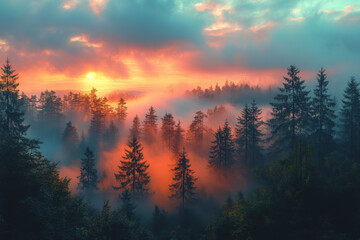 Obraz premium Sunset illuminating fog and clouds in forest.