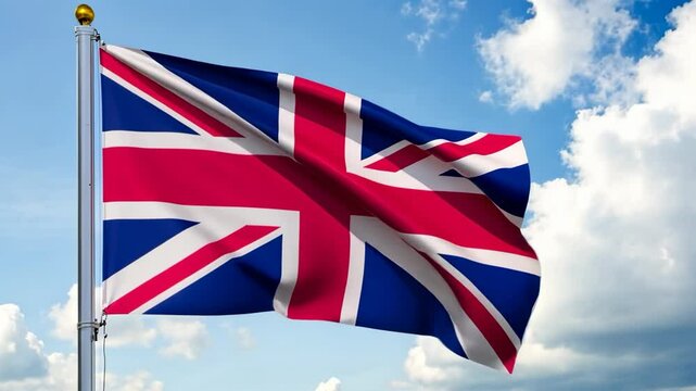 United Kingdom flag blowing in the wind on a flagpole with a clear sky background representing patriotism and national pride, video 