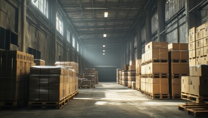 Sunlit warehouse aisle with stacked cardboard boxes on pallets