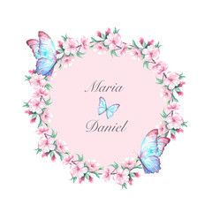 Pink flowers in a floral round frame with butterflies