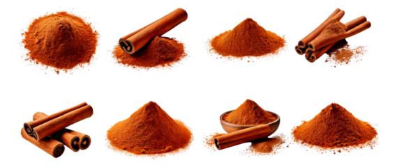 Various Types of Ground Cinnamon and Cinnamon Sticks on Display, Isolated on Transparent, white background