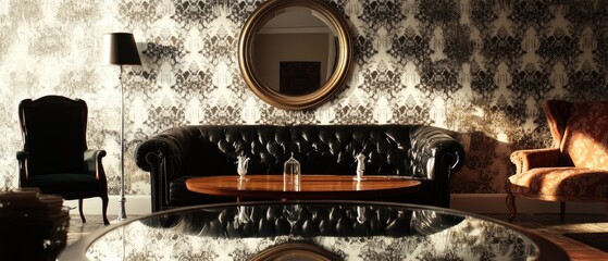 Elegant living room with dark leather sofa, armchairs, and round coffee table.