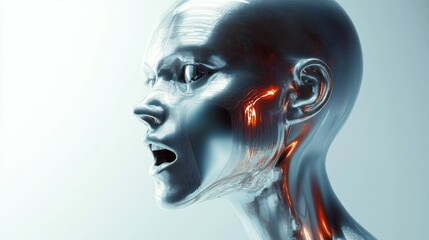 Metallic humanoid head with glowing orange veins expressing surprise or shock against a bright background