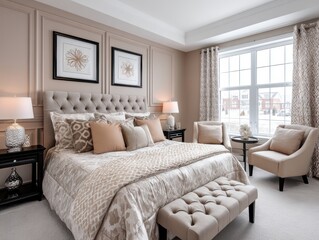 Elegant modern bedroom with neutral tones, plush bedding, tufted headboard, cozy chairs, and large window letting in natural light.