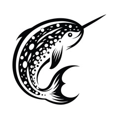 Elegant Narwhal Silhouette Circular Cetacean Horn, Spotted Skin, Minimalist Marine Art © Shipon