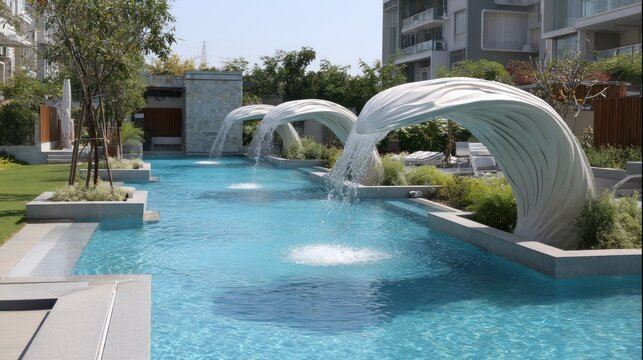 Modern luxury swimming pool with sculptural water features. Lush landscaping and contemporary design - Powered by Adobe