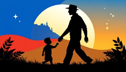 A Father's Day greeting card illustration with a silhouetted father and child walking together at sunset, father and son at sunset