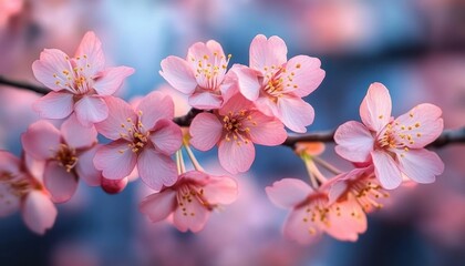 Obraz premium Close-up of delicate pink cherry blossoms on a branch with soft blue and pink blurred background evoking calm and beauty