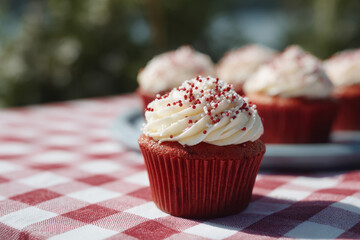 Red velvet cupcakes with cream cheese frosting on checkered tablecloth