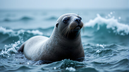 Fototapeta premium Adorable Sea Otter Swimming in Ocean Waves