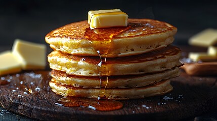 Fluffy pancakes with melting butter and dripping syrup