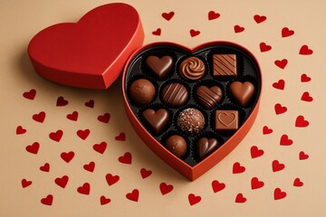Open heart-shaped box filled with elegant chocolate sweets surrounded by red hearts on a soft beige surface, symbolizing love and romantic gifting 
