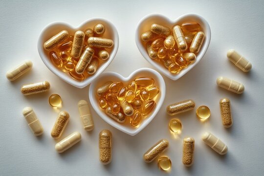 Three heart-shaped white bowls filled with golden and beige capsules and soft gel pills surrounded by scattered capsules on a white surface symbolizing health and care - Powered by Adobe