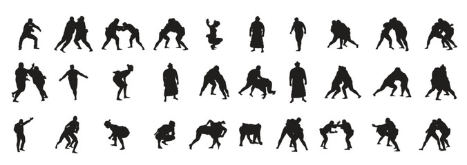 Set of Black Silhouettes of Sumo Fighters