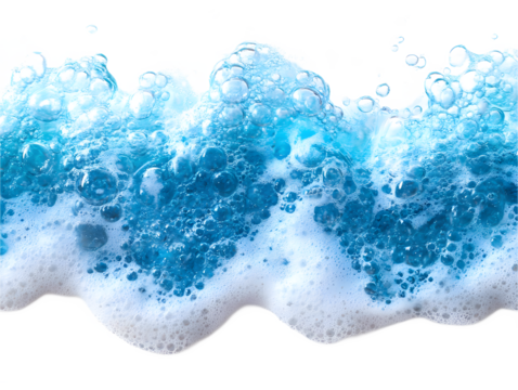 Close-up of vibrant blue soapy bubbles and foam