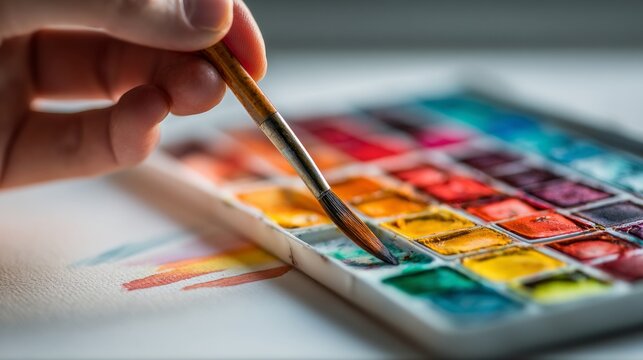 A person is painting with a brush on a palette of watercolors - Powered by Adobe