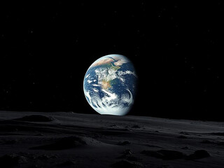 Earth Above a Dark Black Desert Landscape with Starry Space Background