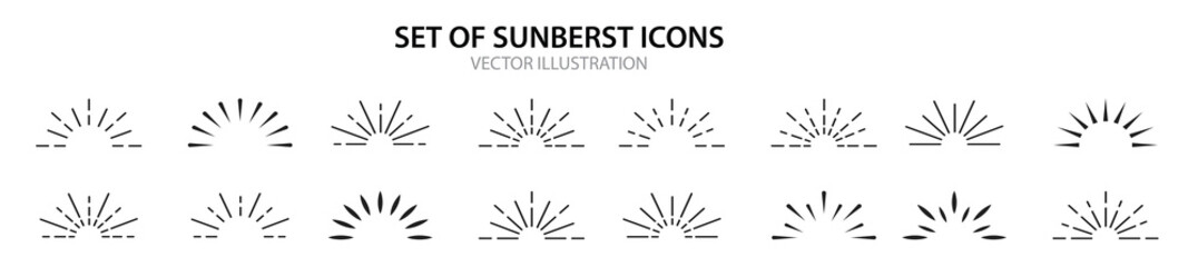 Set of sunberst icons. Sunburst icon collection. Sunbeam. Vector illustration.