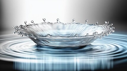 Close-up of water splash forming a crown shape with ripples spreading outward on a reflective surface, highlighting purity and fluid motion