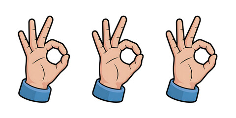 Fototapeta premium Ok sign icon set, okay gesture. Hand with blue sleeve and simple hand shows ok sign. Cartoon plastic 