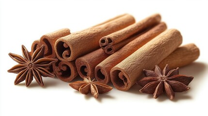Close-up of several cinnamon sticks and star anise pods on a white background showing their textures and warm brown tones