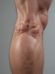 Fototapeta premium Close-up of a toned and muscular human calf, highlighting the soleus muscle, with a subtle shine and defined texture on a neutral background.
