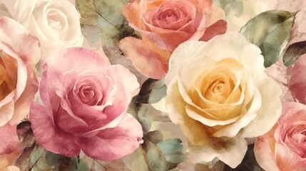 Obraz premium Watercolor roses in soft pastel hues, lush blooms, vintage aesthetic