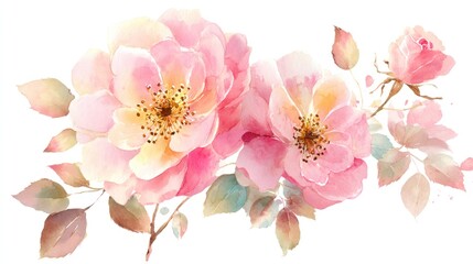 Naklejka premium Delicate watercolor painting of pink roses and leaves, soft hues, romantic floral arrangement