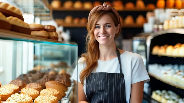 joyful bakery shop owner stands in front of her products, daily goods and SME small business concept.