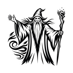 Silhouette Wizard with Staff and Raised Hand in Elegant Black and White