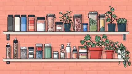 Naklejka premium Organized kitchen shelves with various containers and plants.