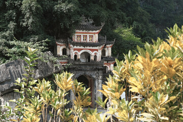 Traditional architecture in northern Vietnam surrounded by lush greenery during daylight