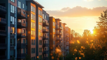 Modern apartment buildings illuminated by warm golden sunset light overlooking leafy trees on a peaceful evening