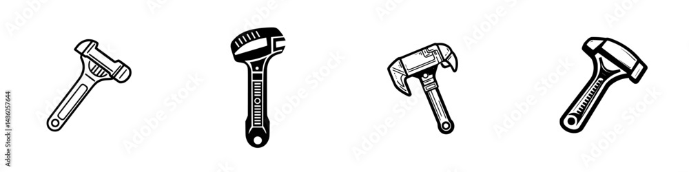 Poster collection of vector illustration icons representing various types of wrenches and hand tools used i