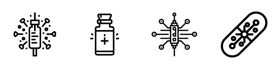 Vector illustration icons representing medical tools for vaccination and health care with a modern design style