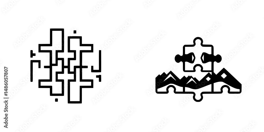 Poster vector illustration of two distinct puzzle icons representing complexity and outdoor adventure theme