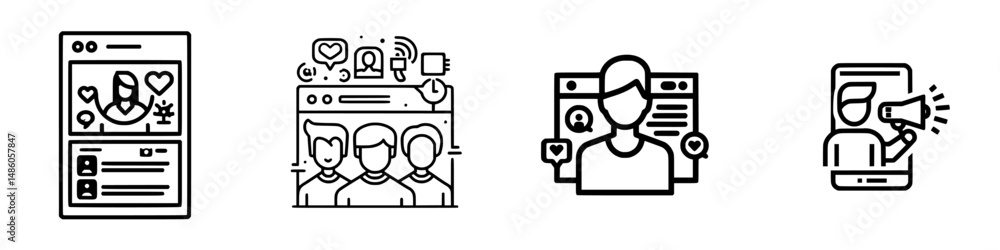 Poster vector illustration icons depicting social media interaction in various online contexts through user