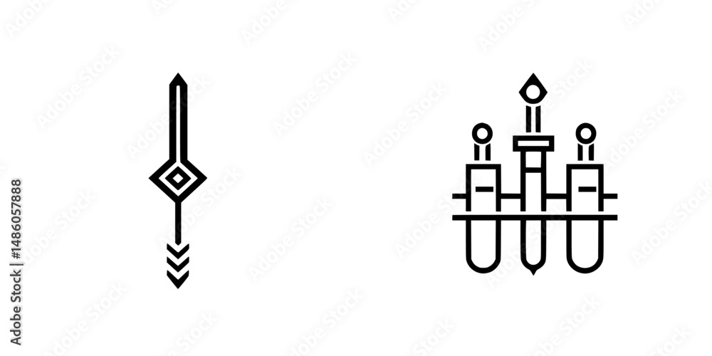 Poster vector illustrations of decorative symbols featuring an arrow design and a laboratory flask assembly