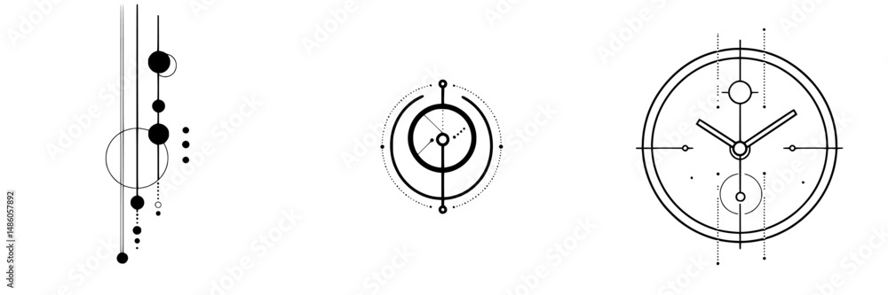 Poster black and white vector illustration featuring abstract geometric shapes and a clock design with circ