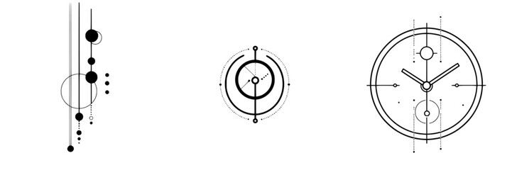 Black and white vector illustration featuring abstract geometric shapes and a clock design with circular patterns